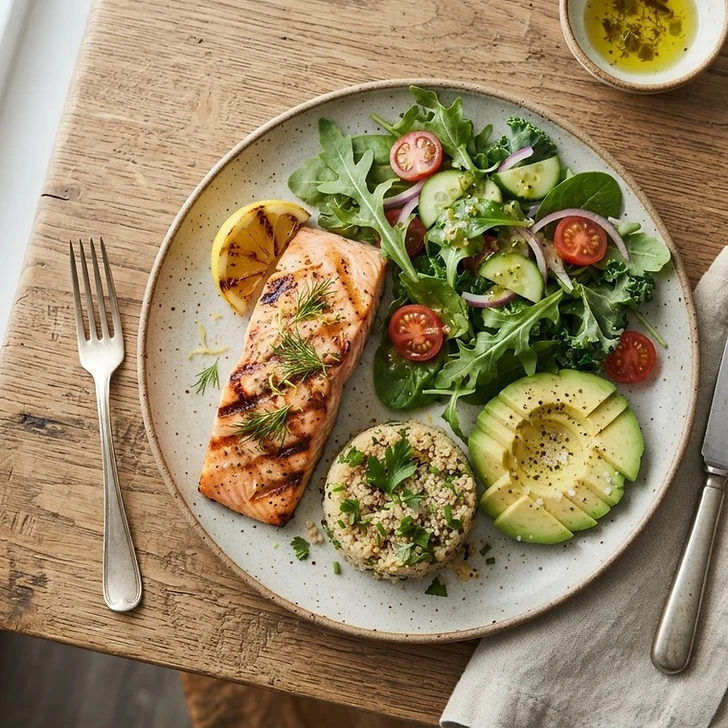 Vibrant low-carb grilled salmon plate with avocado and greens