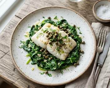 Pan Seared White Fish With Wilted Spinach