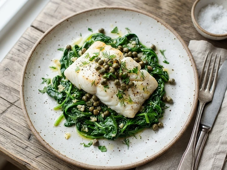 Pan Seared White Fish With Wilted Spinach