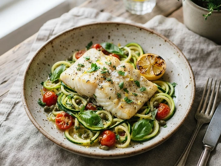 Garlic Herb Baked Cod with Zucchini Noodles