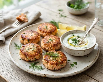 Mini Salmon Cakes with Dill Yogurt Sauce