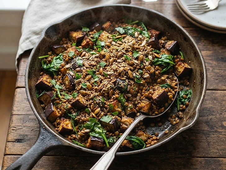 Roasted Eggplant And Lentil Skillet