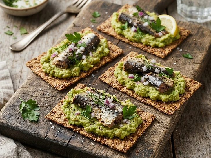 Avocado And Sardine Mash On Flax Crackers