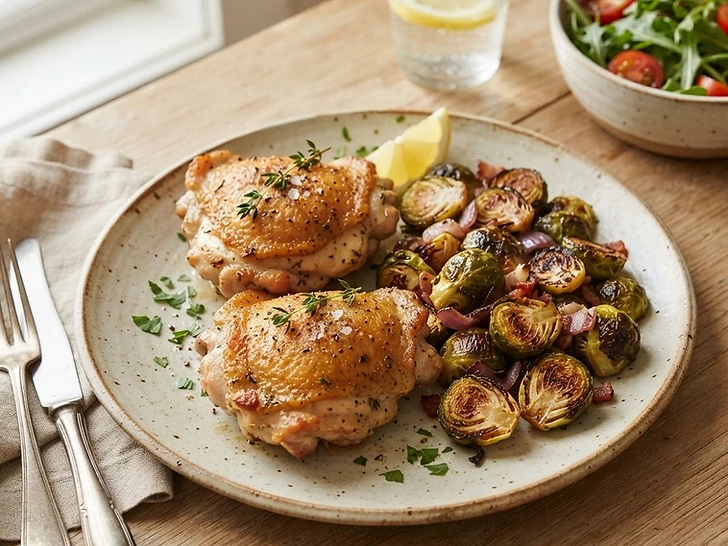 Pan-Seared Chicken Thighs with Roasted Brussels Sprouts