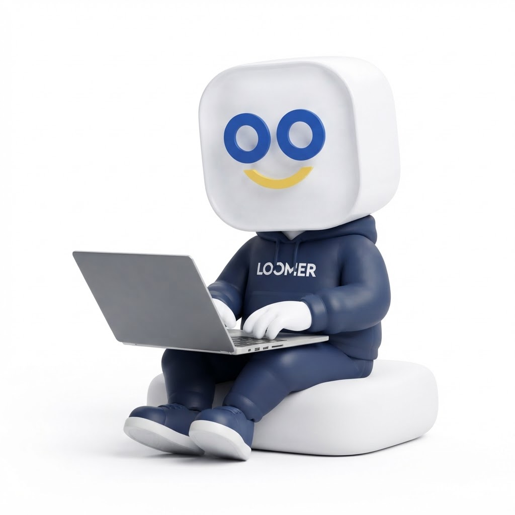 Loo, the Loomer mascot, working on a laptop