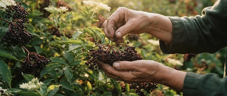 Hands carefully harvesting elderberries from a wild plant