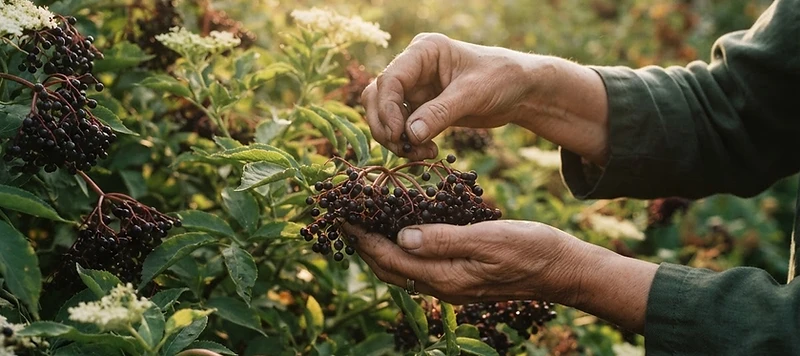 Hands harvesting elderberries