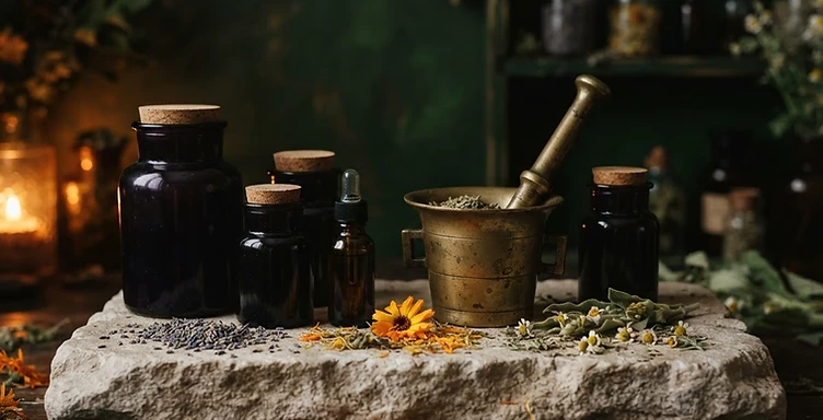 Dark apothecary jars with herbal tinctures on limestone surface