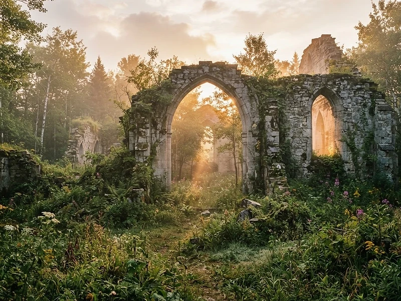 Trappist Monastery ruins overgrown with medicinal herbs at golden hour