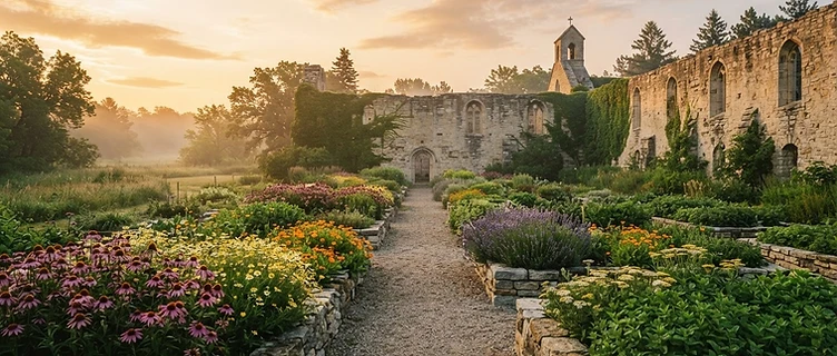 Medicinal herb garden at the Trappist Monastery in morning mist