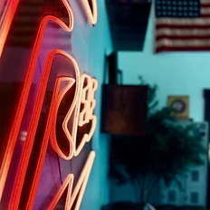 Glowing FREE neon sign close-up with American flag in the background