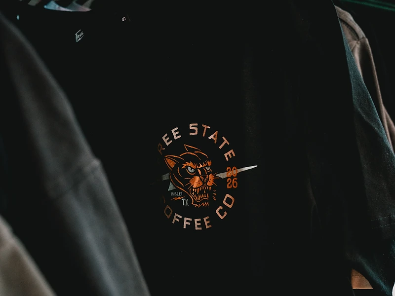 Free State Coffee Co logo t-shirt on the merch rack