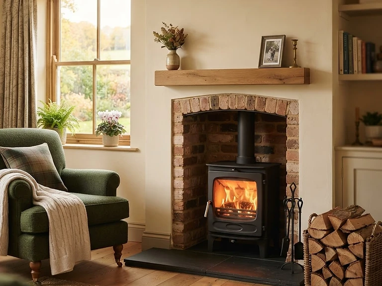 A beautiful UK home with a lit wood-burning stove and neatly stacked kiln-dried firewood
