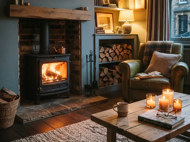 A cozy living room with a wood-burning stove and stacked firewood