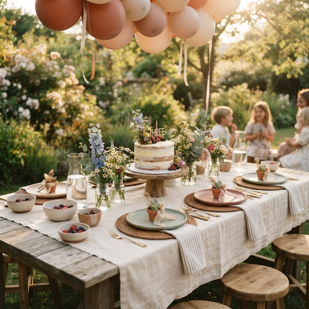 A children's birthday tablescape in a garden