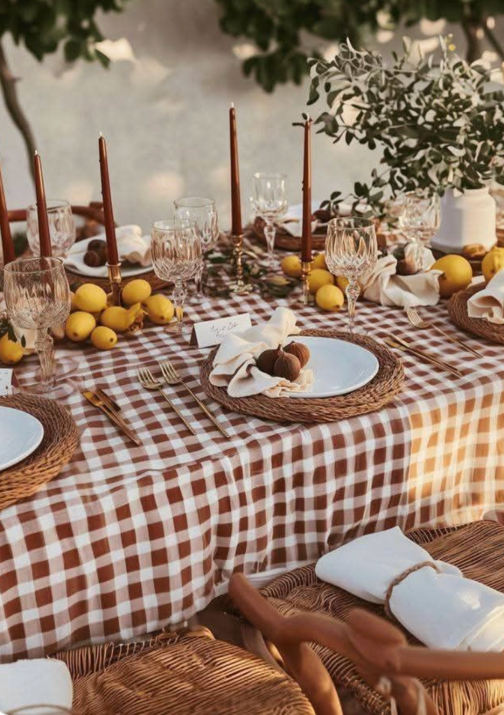 Checkered linen with jute chargers, lemons and figs