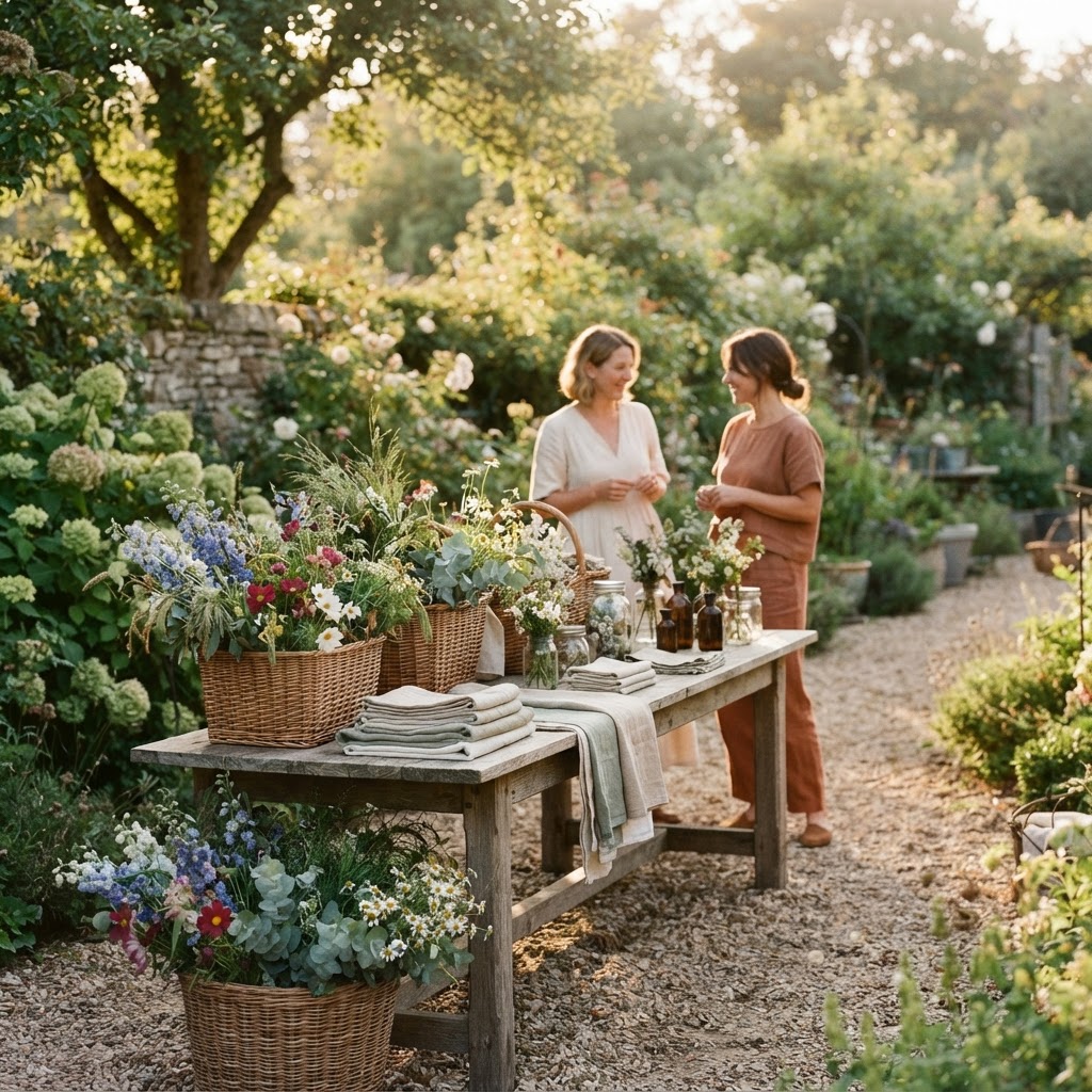 An at-home farmers market with neighbours browsing flowers and linen in a garden