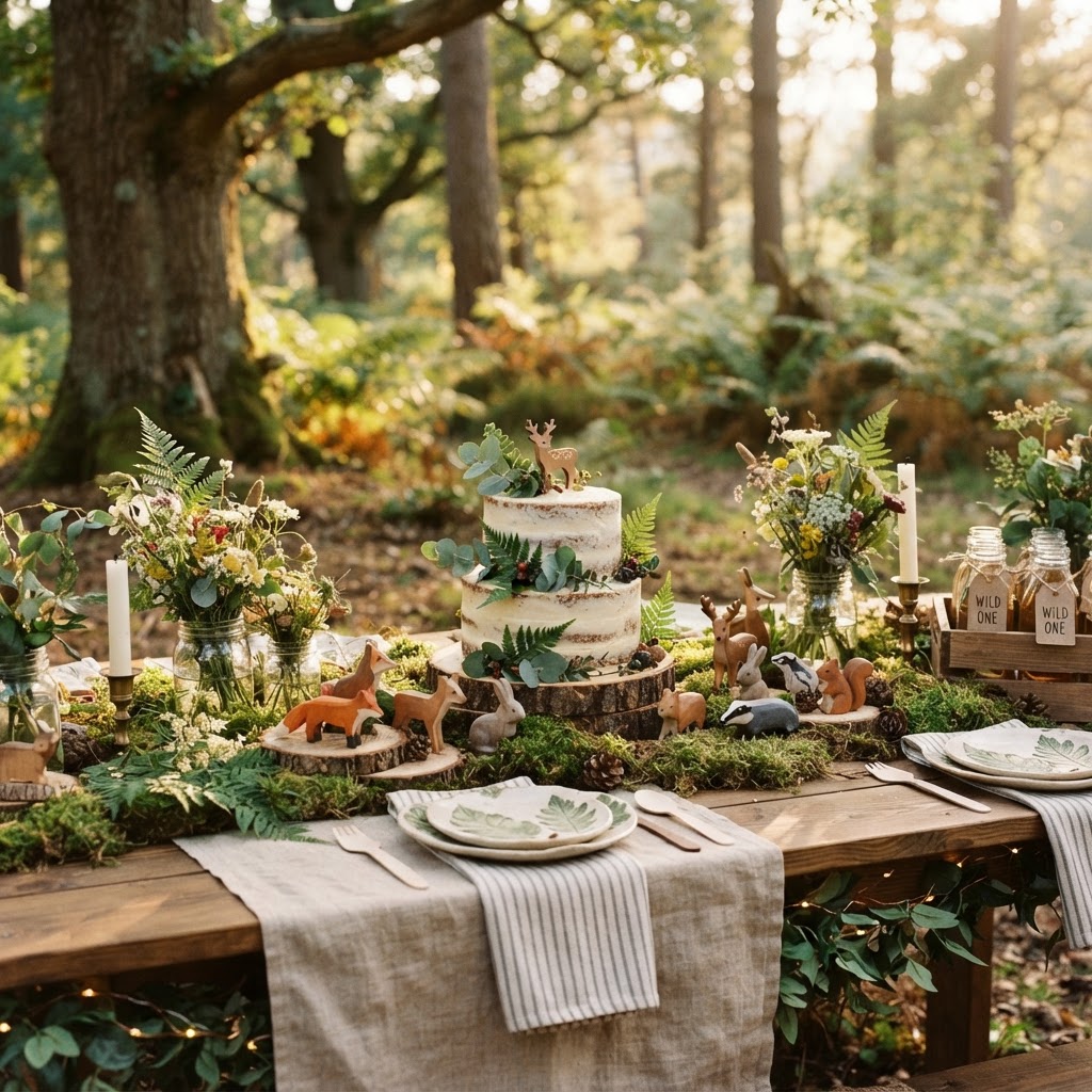 A woodland themed children's birthday table with moss, ferns and wooden animal figures