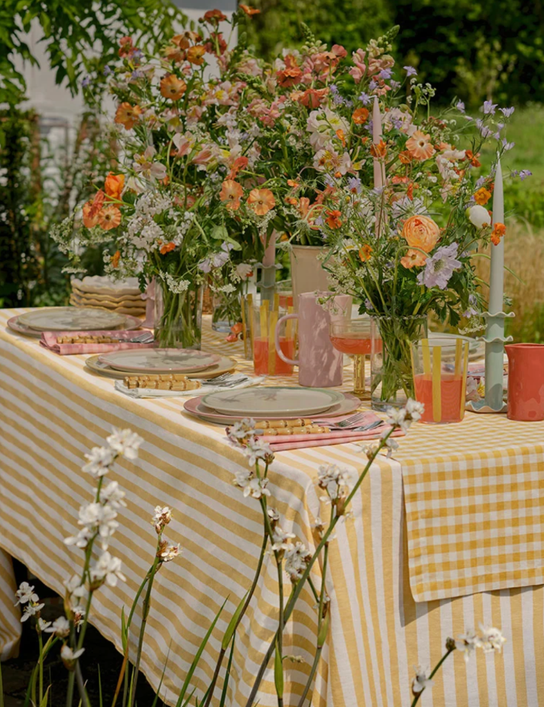 Garden party table with gingham and wild florals