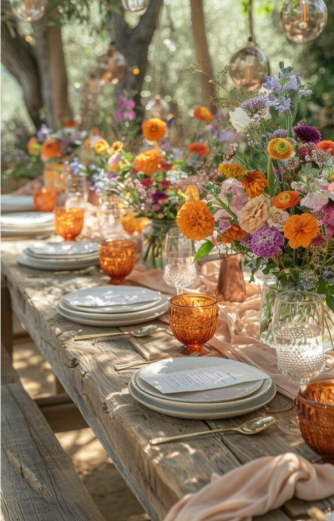 A styled table at golden hour with blush runner and amber goblets