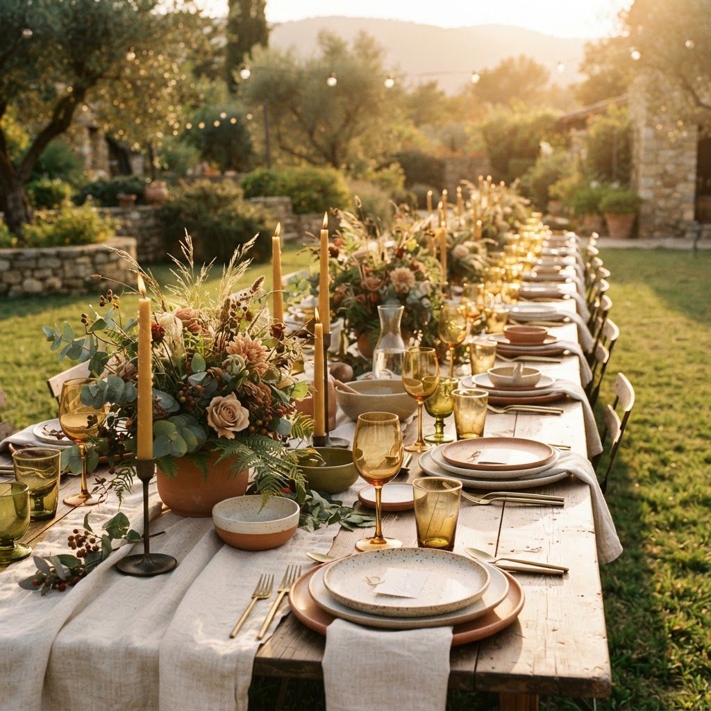 A sun-drenched outdoor tablescape at golden hour with taper candles and florals