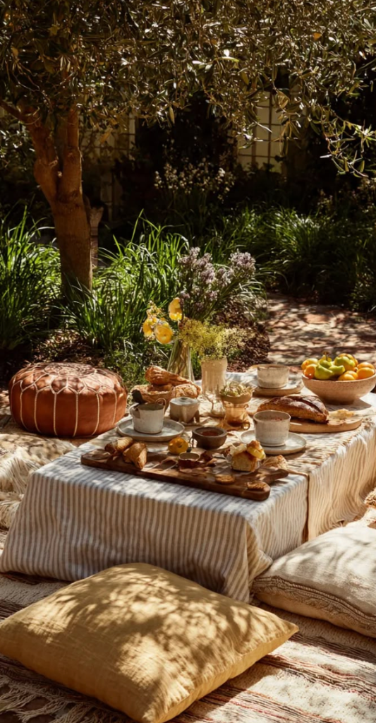 Low table under an olive tree with poufs and dappled light