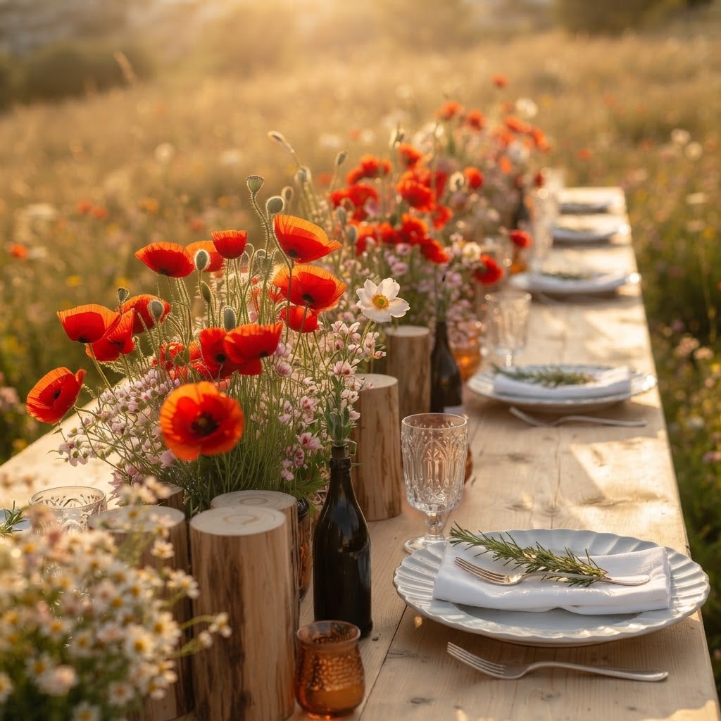 A long outdoor table at golden hour with vibrant red poppy centrepieces and wood-log candles