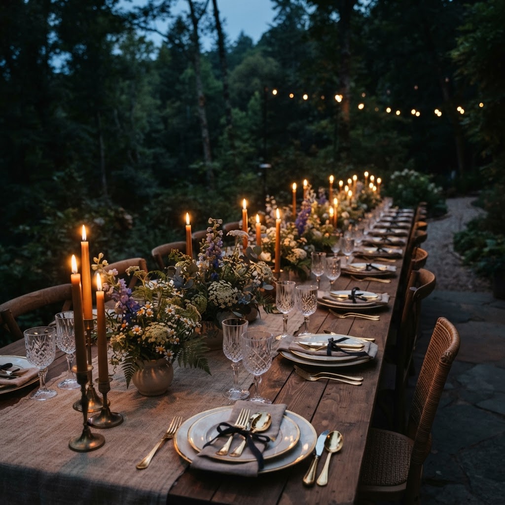 An empty candlelit table at dusk