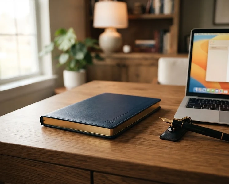 The AI Customer Service Playbook, a luxury leather-bound guide resting on an executive desk