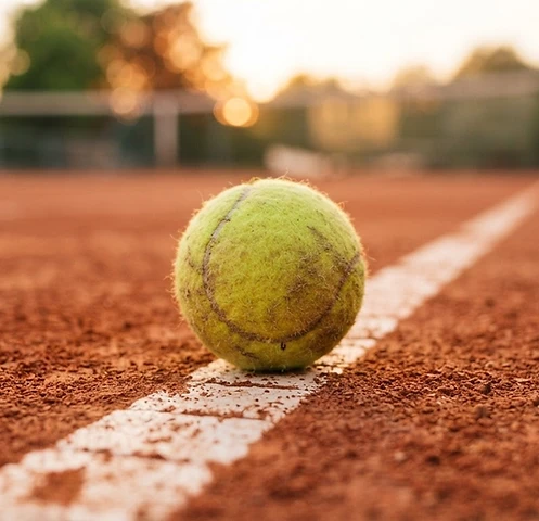 A tennis ball resting on the red clay line at golden hour