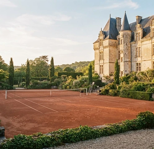 A red clay tennis court beside a French chateau
