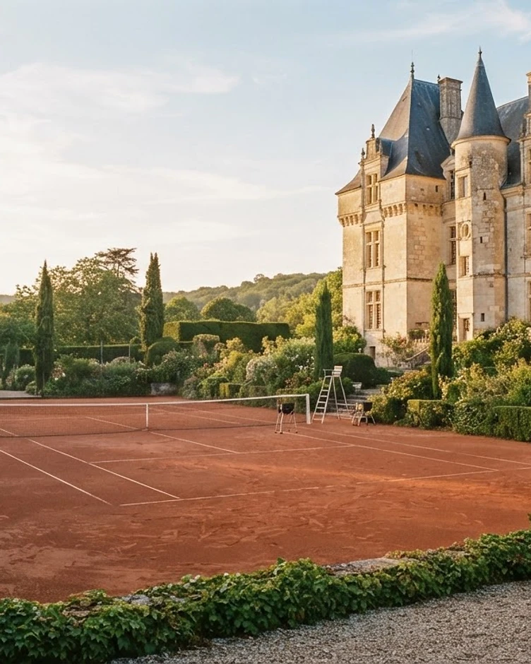 A clay tennis court beside a French chateau at golden hour