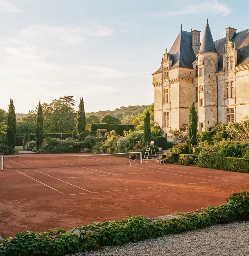 A sun-drenched red clay tennis court in France beside a historic chateau at golden hour