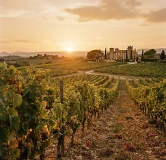 Sun-drenched French vineyard rows at golden hour