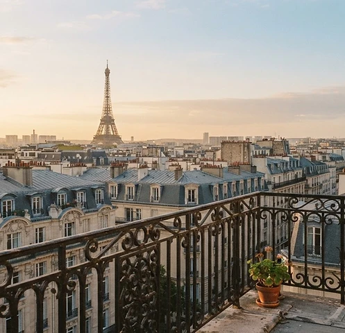 Paris rooftops at dawn from a wrought-iron balcony