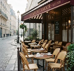 A charming Parisian sidewalk café with rattan chairs
