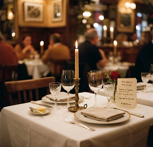 An elegant empty French restaurant table with fine dining place settings and candlelight
