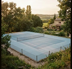 An empty pickleball court in the French countryside