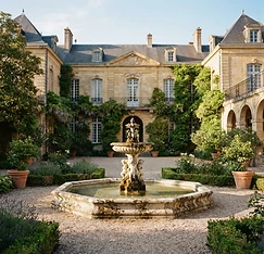 A French chateau courtyard with a stone fountain and climbing ivy