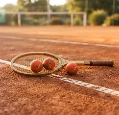 A tennis racquet and balls resting on a red clay court