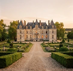 A grand French chateau estate at golden hour