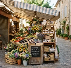 A vibrant French outdoor market stall with fresh produce and flowers