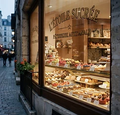 A French patisserie display window filled with pastries