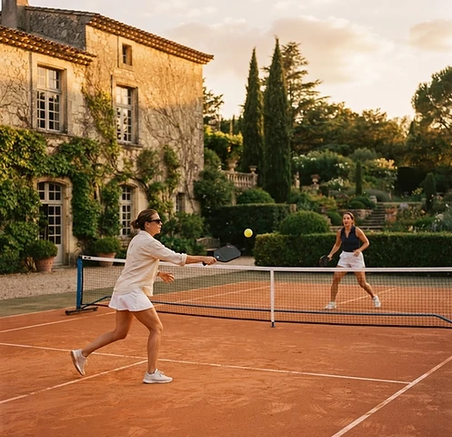 Players mid-rally on a pickleball court beside a French chateau