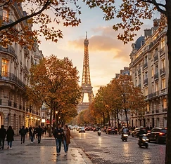 The Eiffel Tower from a tree-lined Parisian boulevard at sunset