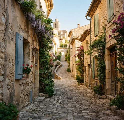 A narrow cobblestone street in a Provence hilltop village