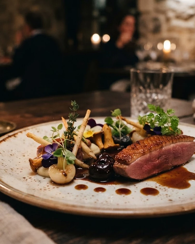 Michelin-level French plating illuminated by warm candlelight