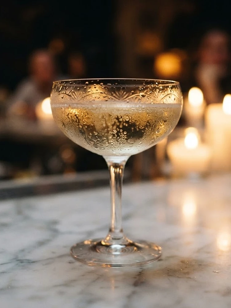 A coupe of champagne beaded with condensation in warm candlelight