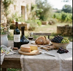 A rustic French table with wine, cheese, and bread