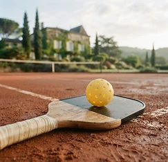 A pickleball resting on a paddle at a French countryside court